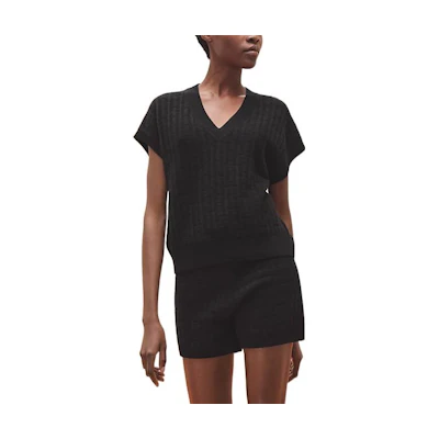 (Women) HERMES SS23 Black Solid V-Neck Short-Sleeve Pullover Sweater. H3E2639DB02
