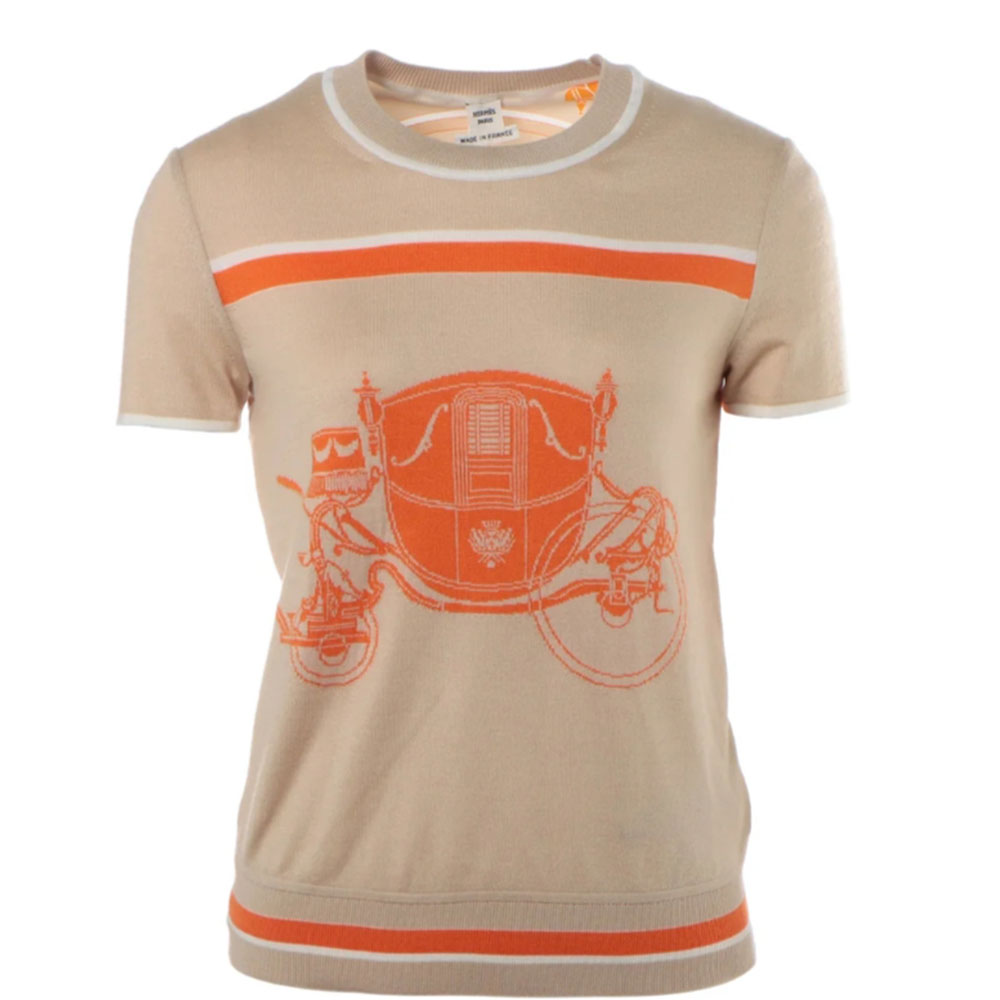 (Women) HERMES SS23  Graphic Print Cashmere Knit Short Sleeve Top Off-White. H3E2800D7W4