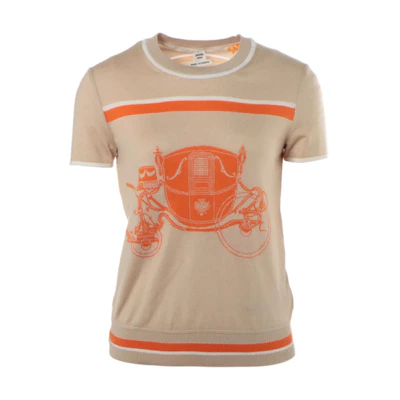 (Women) HERMES SS23 Graphic Print Cashmere Knit Short Sleeve Top Off-White. H3E2800D7W4