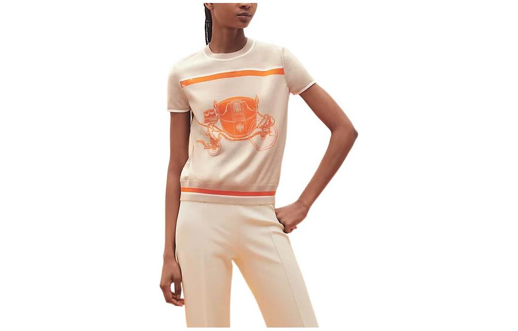 (Women) HERMES SS23  Graphic Print Cashmere Knit Short Sleeve Top Off-White. H3E2800D7W4 圖 2