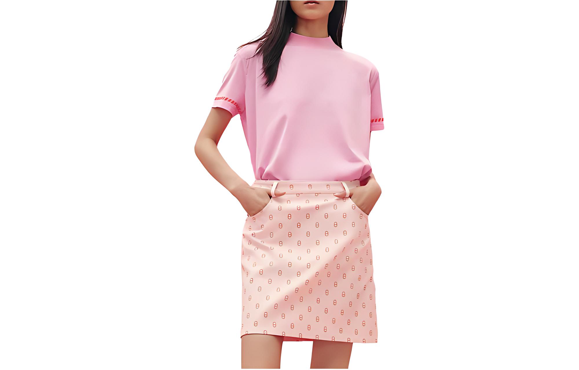 (Women) HERMES SS23  High-Waisted Logo Print Casual Pink Skirt H3E0312D57I