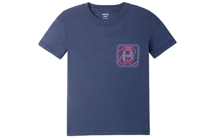 Order (W) Camiseta Azul Marino de Manga Corta HERMES SS23 con Logo Estampado. H3E4625DLI1