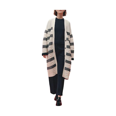 (Women) HERMES SS23 Mid-Length Striped Knit Cardigan Off-White H3E2102D2A3