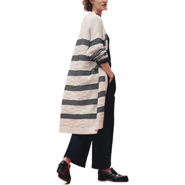 Shop (W) HERMES SS23 Kardigan Rajut Bercorak Jalur Separas Lutut Putih Gading H3E2102D2A3