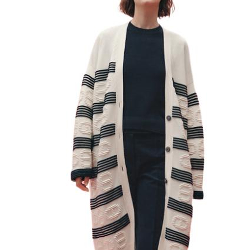 Purchase (W) HERMES SS23 Kardigan Rajut Bercorak Jalur Separas Lutut Putih Gading H3E2102D2A3