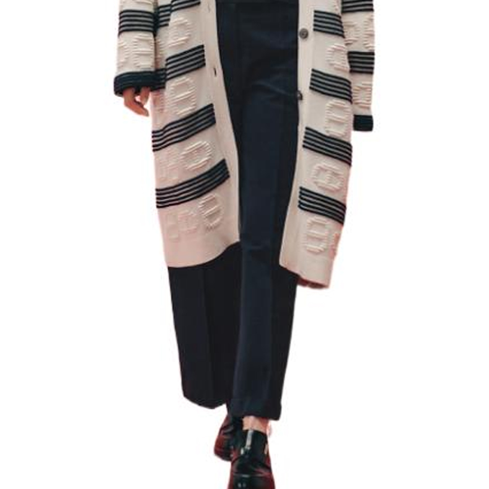 Details for (W) HERMES SS23 Kardigan Rajut Bercorak Jalur Separas Lutut Putih Gading H3E2102D2A3