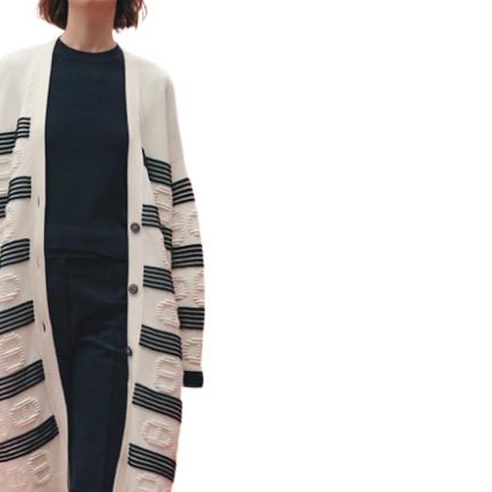 Sizing (W) HERMES SS23 Kardigan Rajut Bercorak Jalur Separas Lutut Putih Gading H3E2102D2A3