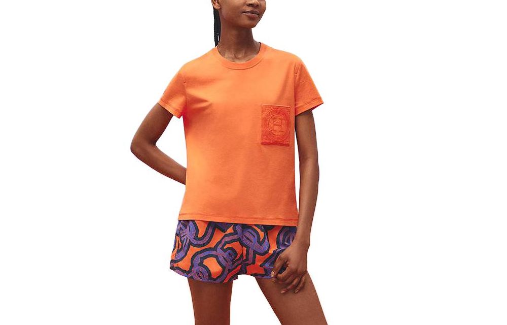 (Women) HERMES SS23  Orange Logo Embroidered Crewneck T-Shirt. H3E4620DL1M