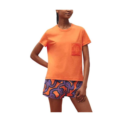 (Women) HERMES SS23 Orange Logo Embroidered Crewneck T-Shirt. H3E4620DL1M