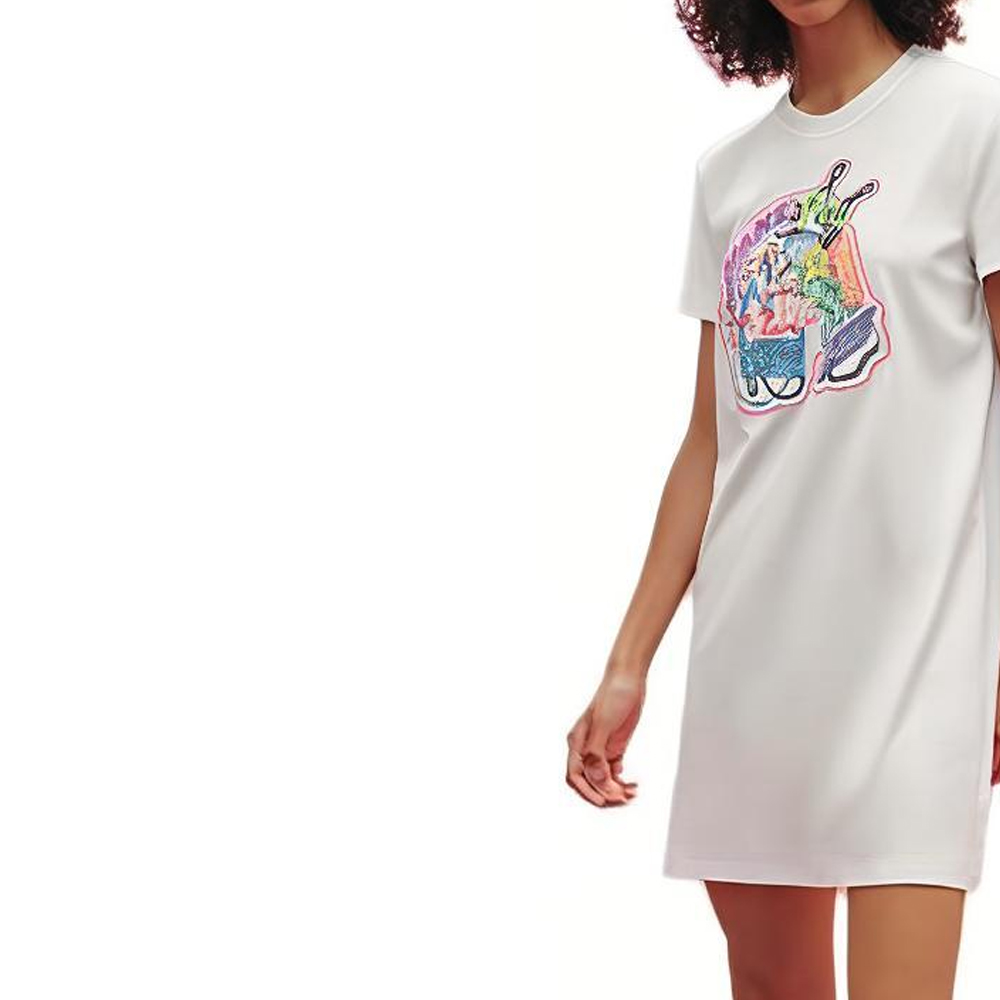 Shop (W) 愛馬仕 2023春夏 白色圖案印花直筒短袖洋裝 H3E4507DH90