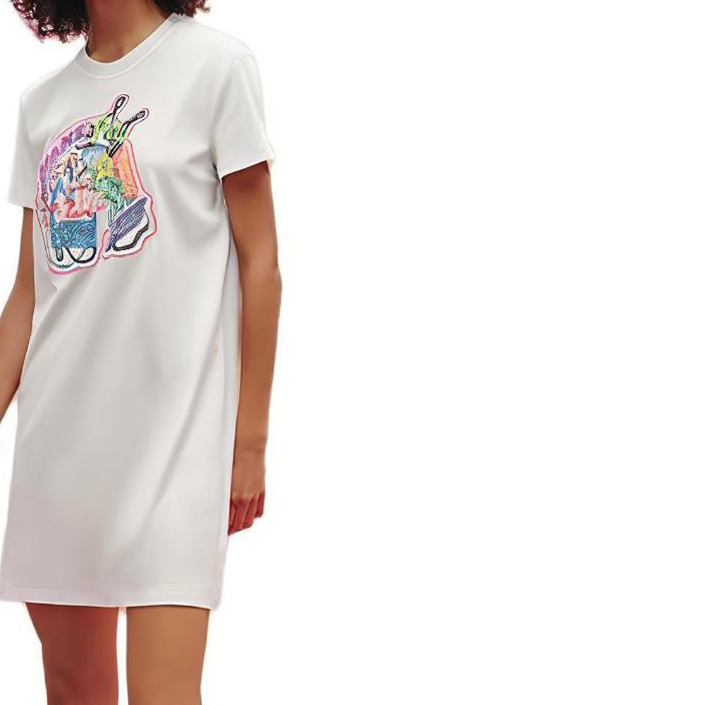 Details for (W) 愛馬仕 2023春夏 白色圖案印花直筒短袖洋裝 H3E4507DH90