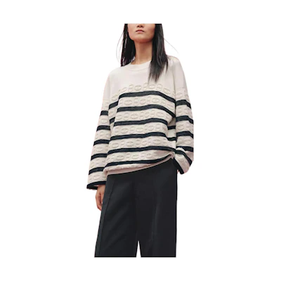 (Women) HERMES SS23 White Striped Knit Loose Fit Crewneck Sweater H3E2624D2A3