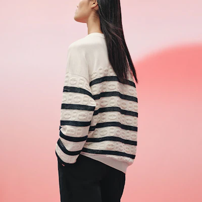 (Women) HERMES SS23 White Striped Knit Loose Fit Crewneck Sweater H3E2624D2A3 Lookbook (Women) HERMES SS23 White Striped Knit Loose Fit Crewneck Sweater H3E2624D2A3