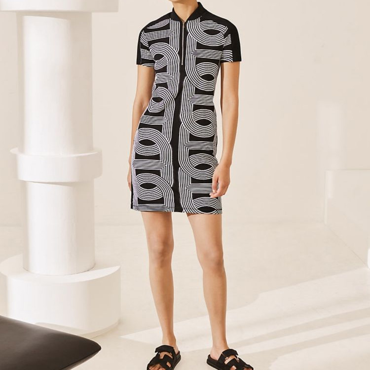 Lookbook (Women) HERMES SS23 Graphic Print Zip Short Sleeve Dress Women Black H1E4505DC02
