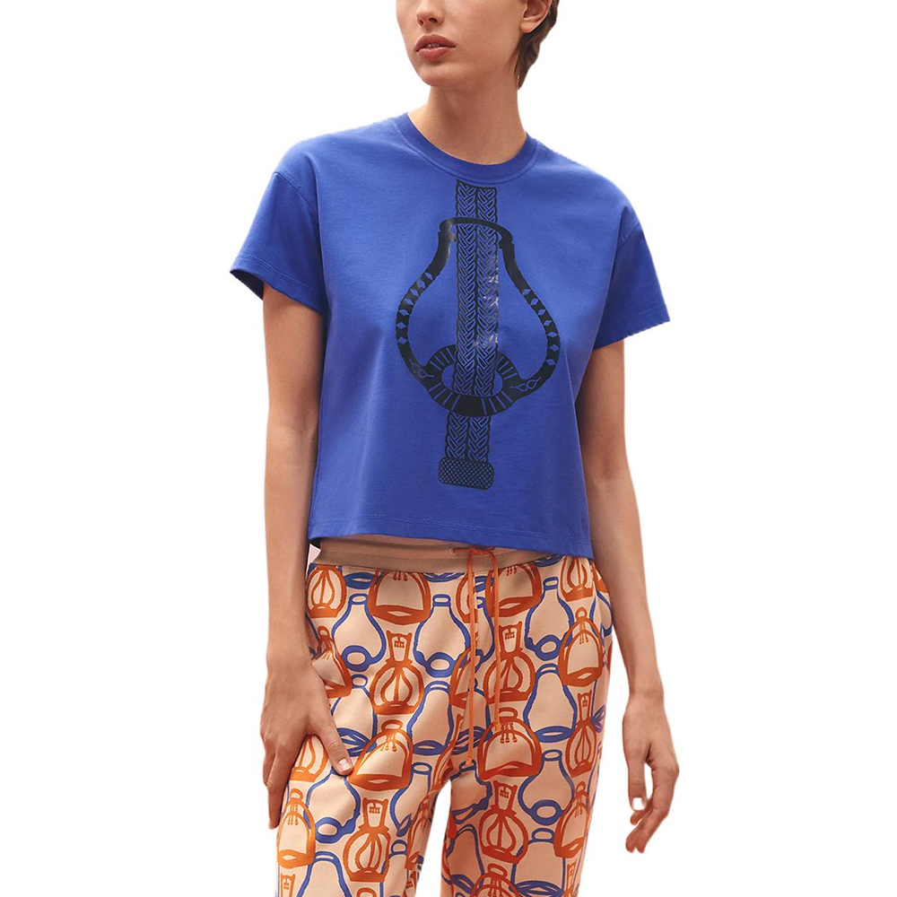 (Women) HERMES SS23 Guitar Print Saddle Buckle Tee  Ultramarine Blue H3E4624DLI7