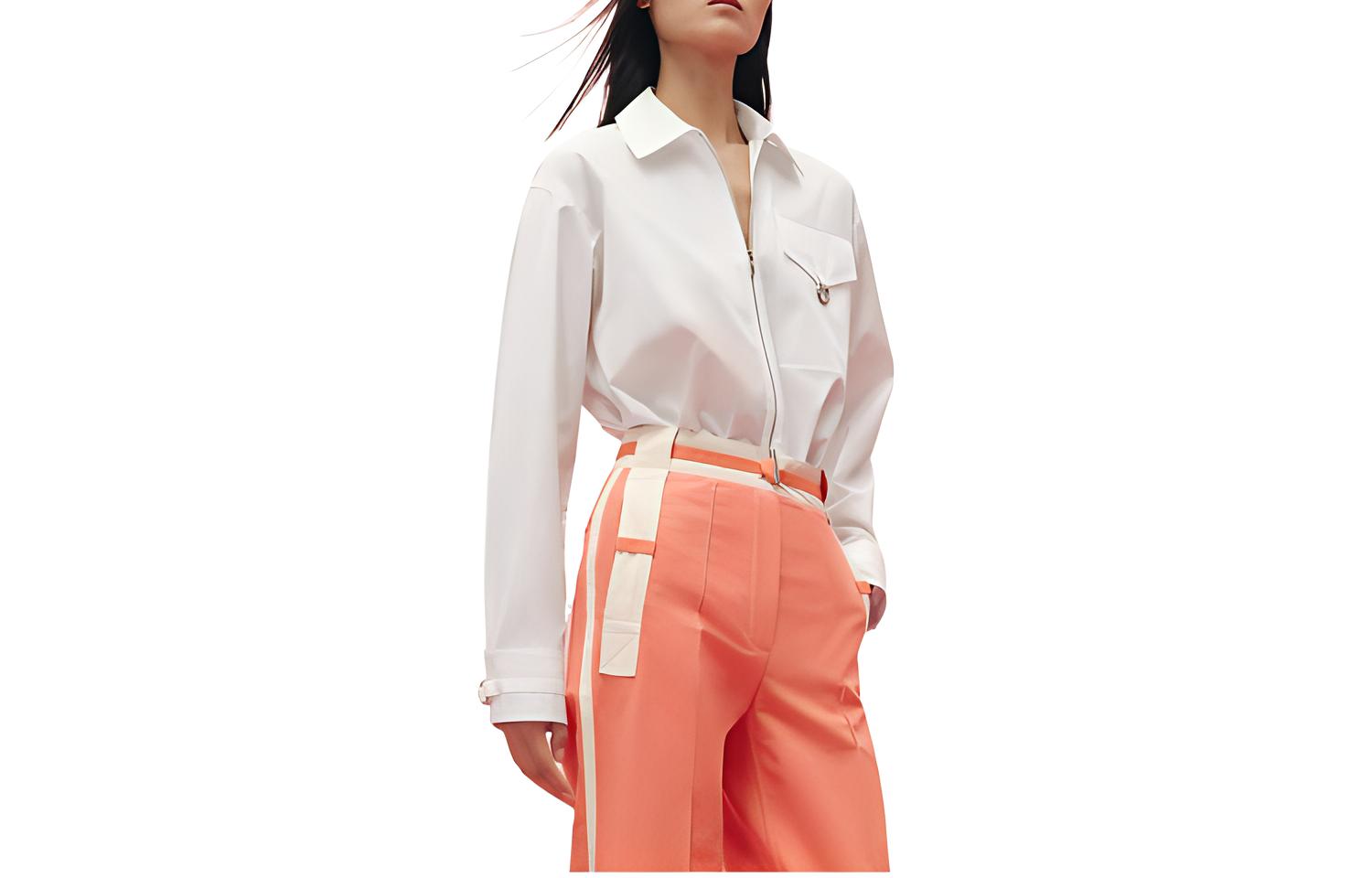 (Women) HERMES SS23 Palladium Collar Zip Long Sleeve Shirt Women - White H3E0616DX90