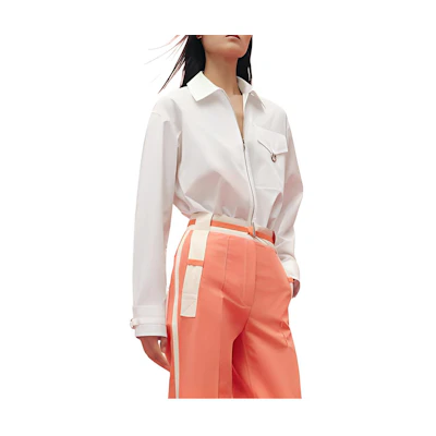 (Women) HERMES SS23 Palladium Collar Zip Long Sleeve Shirt Women - White H3E0616DX90