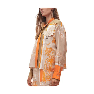 (Women) HERMES SS23 Silk Long Sleeve Shirt with Bookmark Print Beige Women. H3E0607D7W4