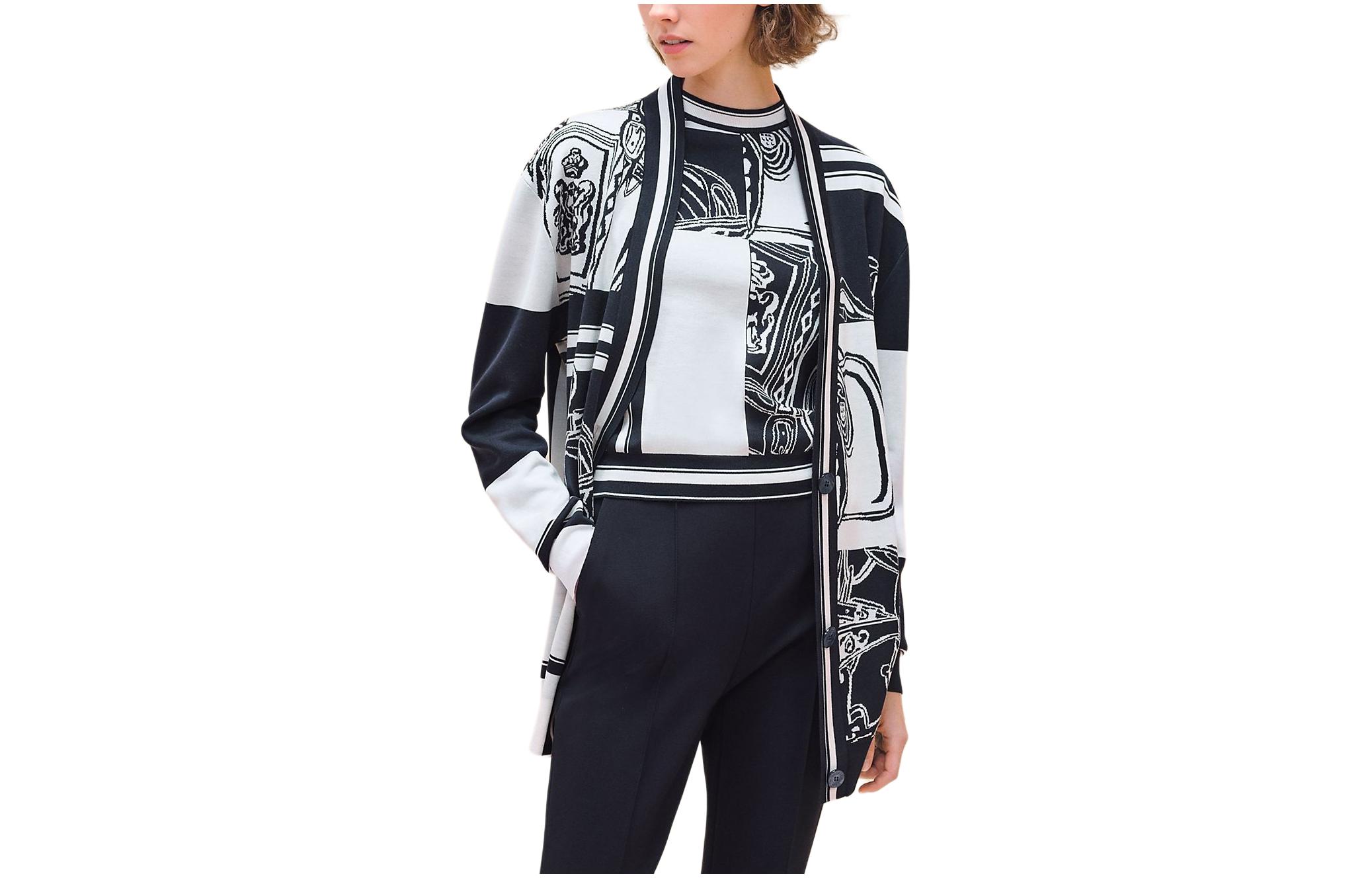 (Women) HERMES SS24  Black Colorblock V-Neck Knit Cardigan. H4E2727D65H