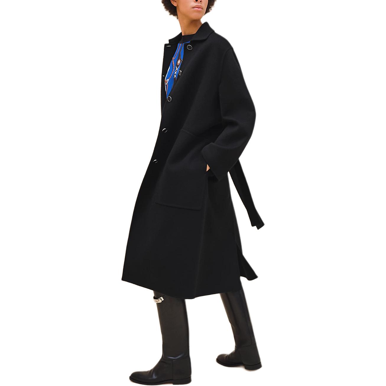 Shop (Women) HERMES SS24  Black Solid Single-Breasted Mid-Length Coat H4H0100DA02