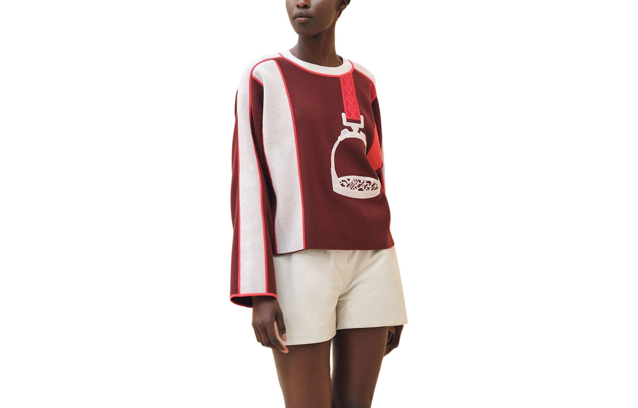 (Women) HERMES SS24  Red Striped Knit Top with Stirrup Embroidery. H4E2653D5L1