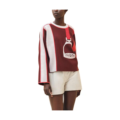 (Women) HERMES SS24 Red Striped Knit Top with Stirrup Embroidery. H4E2653D5L1