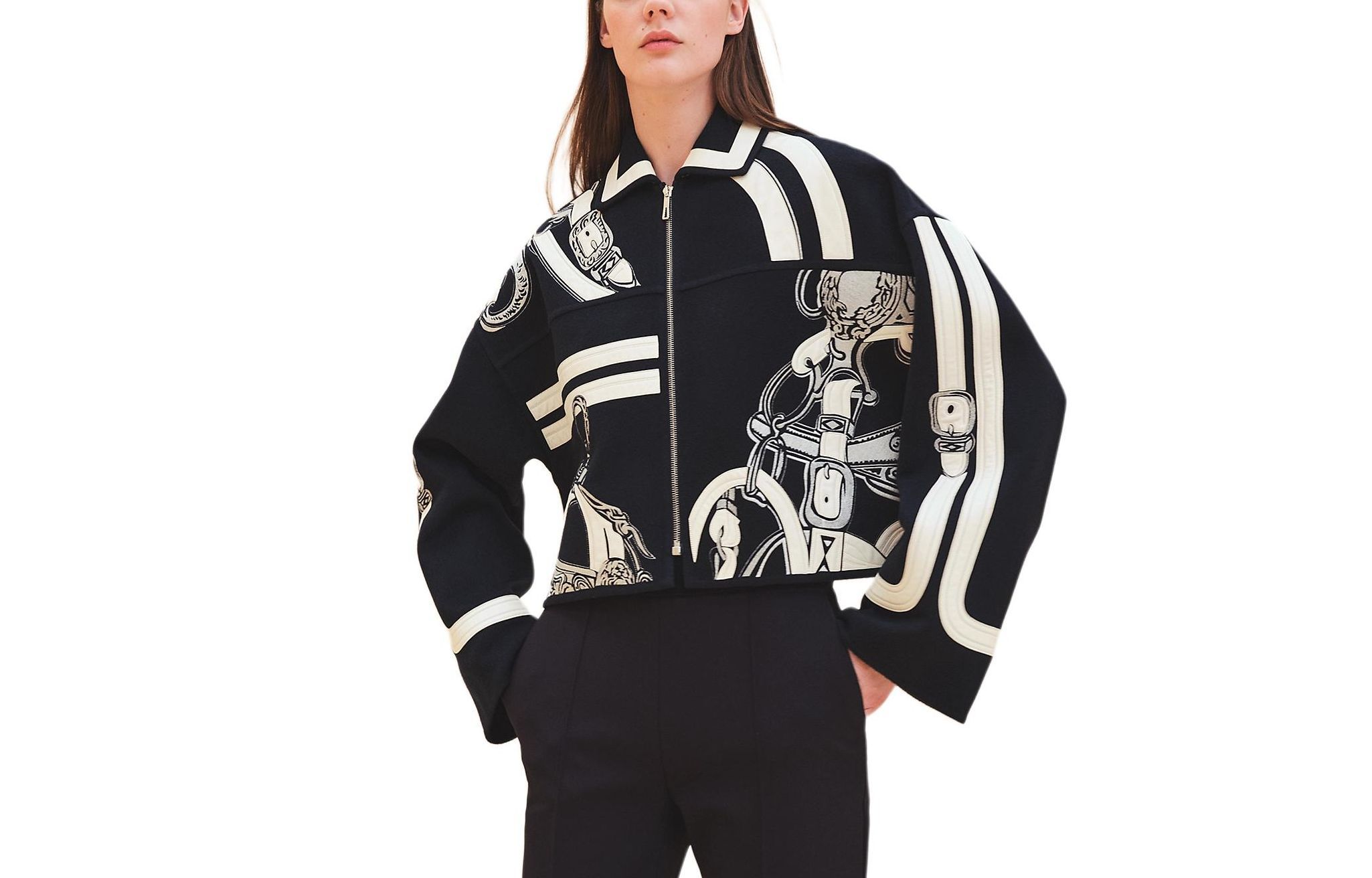 Order (Women) HERMES SS24  Striped Colorblock Zip-Up Jacket Black Blue H4E0179DB5H