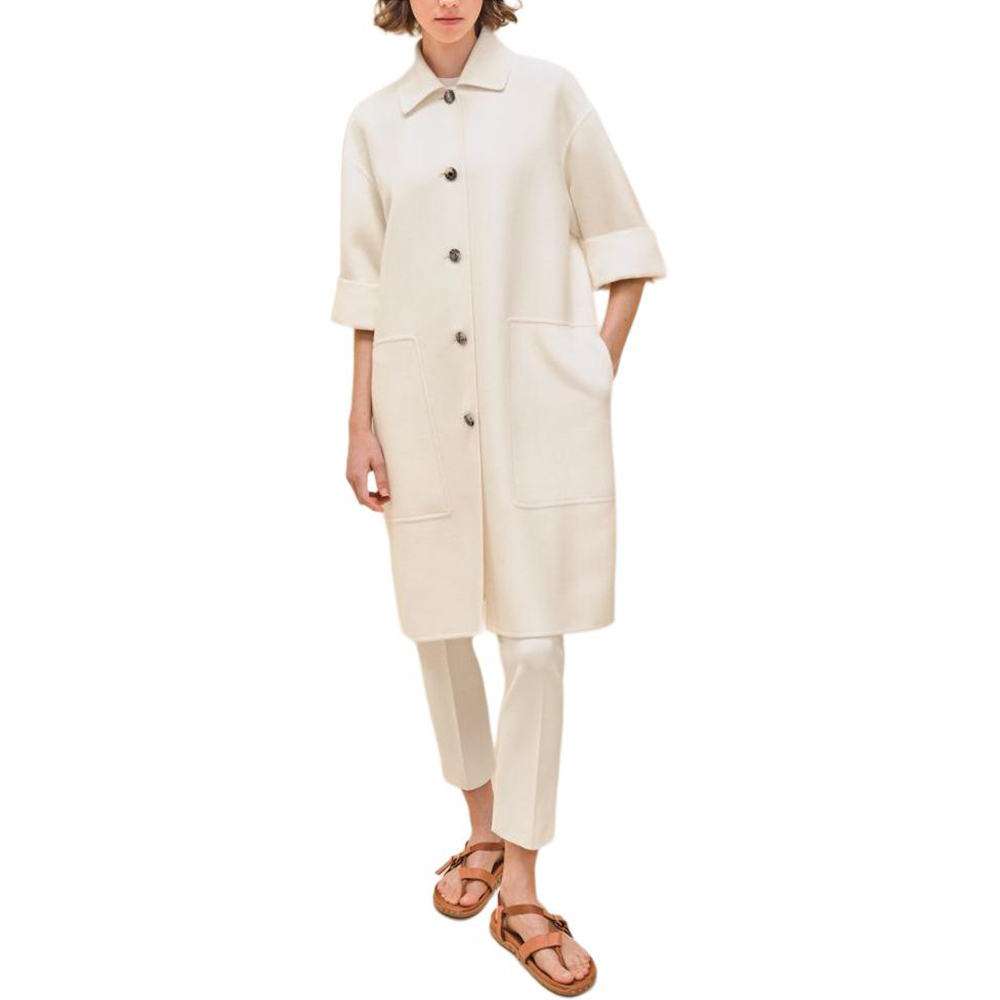 (Women) HERMES SS24  White Solid Long Sleeve Mid-Length Coat. H4E0176DCA3