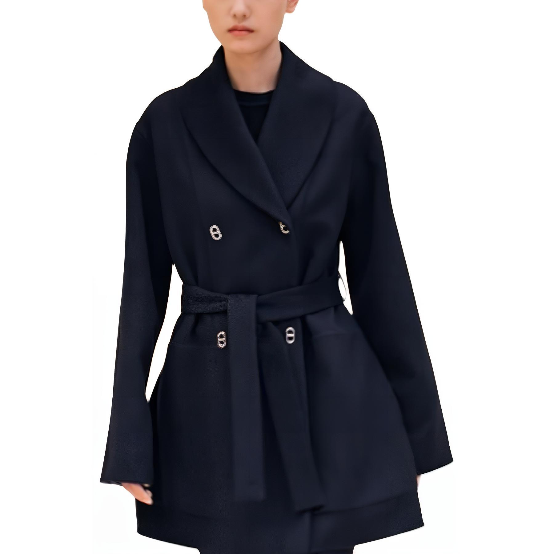 (Women) HERMES SS24 Double-Breasted Belted Navy Blue Long Sleeve Coat for Women. H4E0192D9H5