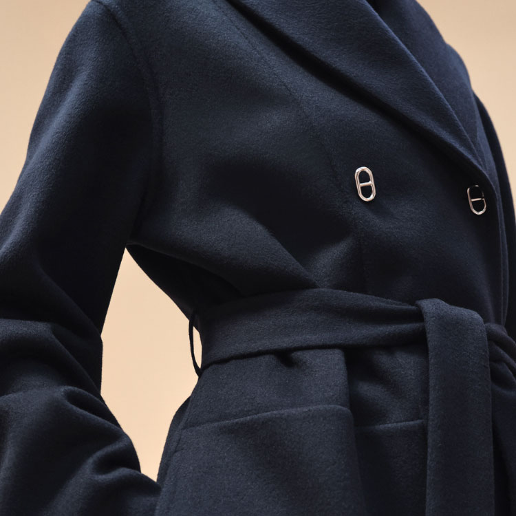 Shop (Women) HERMES SS24 Double-Breasted Belted Navy Blue Long Sleeve Coat for Women. H4E0192D9H5
