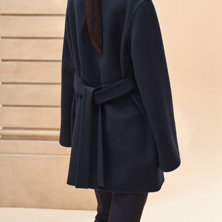 Purchase (Women) HERMES SS24 Double-Breasted Belted Navy Blue Long Sleeve Coat for Women. H4E0192D9H5