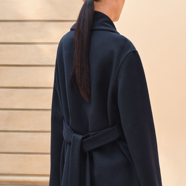 Sizing (Women) HERMES SS24 Double-Breasted Belted Navy Blue Long Sleeve Coat for Women. H4E0192D9H5