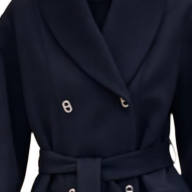 Cheap (Women) HERMES SS24 Double-Breasted Belted Navy Blue Long Sleeve Coat for Women. H4E0192D9H5
