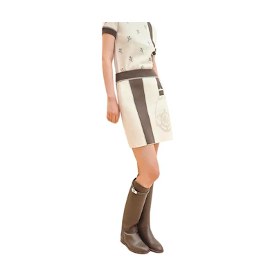 (Women) HERMES SS24 Embroidered Ribbed Trim Casual Skirt Beige Fashion H4E2323D51P36