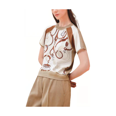 (Women) HERMES SS24 Pattern Print Mesh Crew Neck T-Shirt Women Pearl White H4E2828DVTL