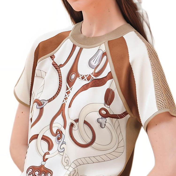 (Women) HERMES SS24 Pattern Print Mesh Crew Neck T-Shirt Women Pearl White H4E2828DVTL 圖 5