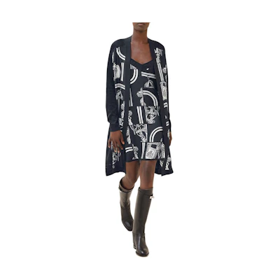 (Women) HERMES SS24 Patterned Belted Knit Midi Dress Black Blue H4E2831DQ5H
