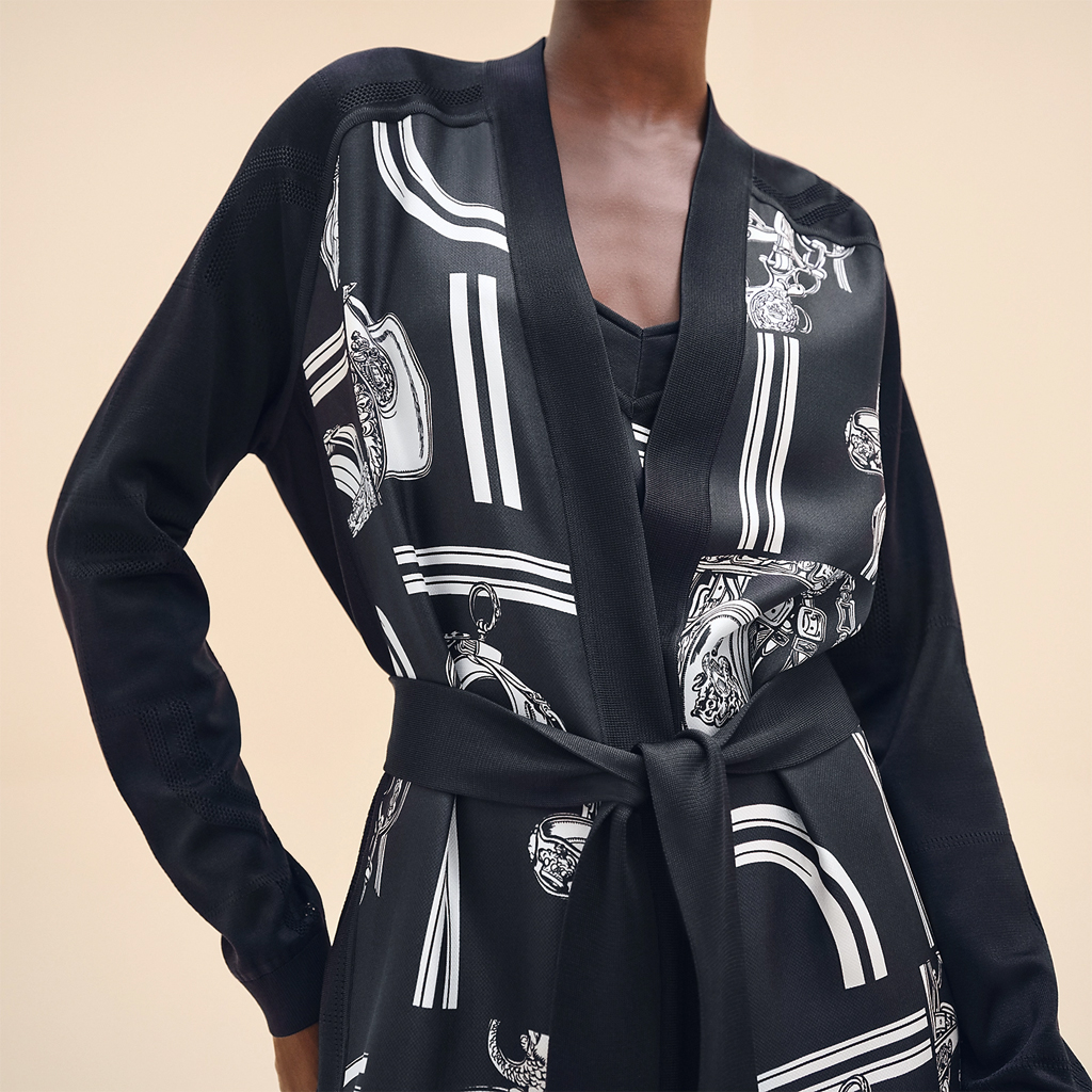 Shop (Women) HERMES SS24 Patterned Belted Knit Midi Dress  Black Blue H4E2831DQ5H