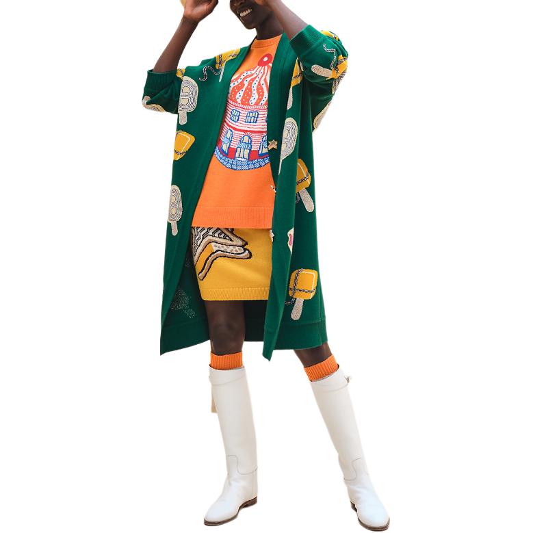 (Women) HERMES SS24 Patterned V-Neck Long Cardigan Womens - Fuzzy Green H4E2725DBEK