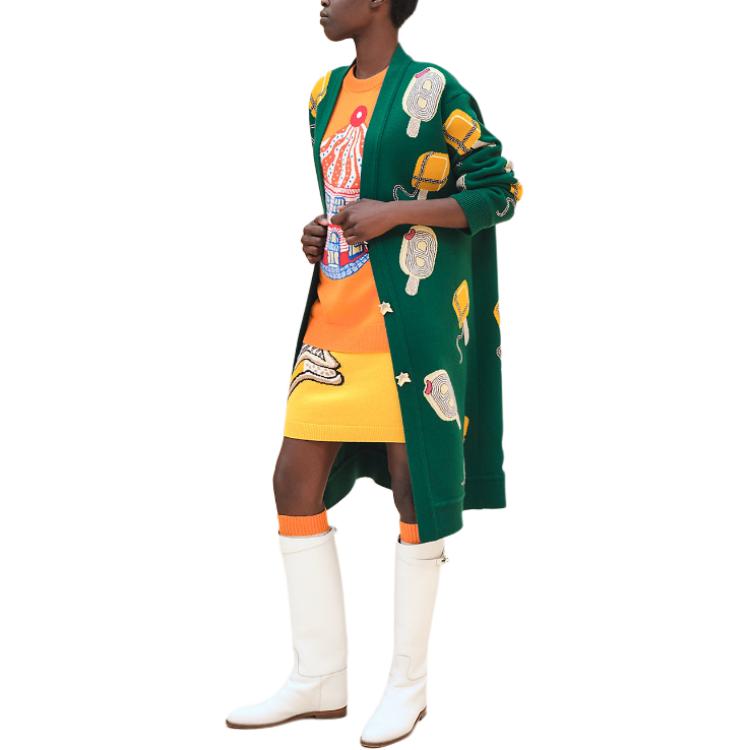 Lookbook (W) HERMES SS24 Cárdigan Largo Mujer con Patrón y Cuello en V - Verde Peluche H4E2725DBEK
