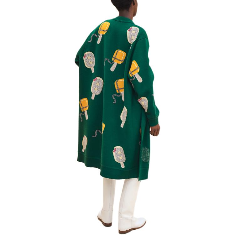 Shop (W) HERMES SS24 Cárdigan Largo Mujer con Patrón y Cuello en V - Verde Peluche H4E2725DBEK