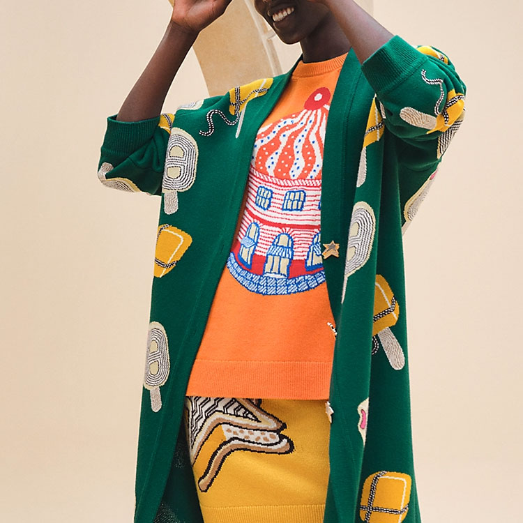 Details for (W) HERMES SS24 Cárdigan Largo Mujer con Patrón y Cuello en V - Verde Peluche H4E2725DBEK