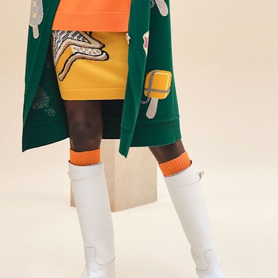 (W) HERMES SS24 Cárdigan Largo Mujer con Patrón y Cuello en V - Verde Peluche H4E2725DBEK Sizing (W) HERMES SS24 Cárdigan Largo Mujer con Patrón y Cuello en V - Verde Peluche H4E2725DBEK