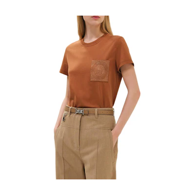 (Women) HERMES SS25 Spring Summer Brown Cotton Crewneck T-Shirt. H4H4615DA1W