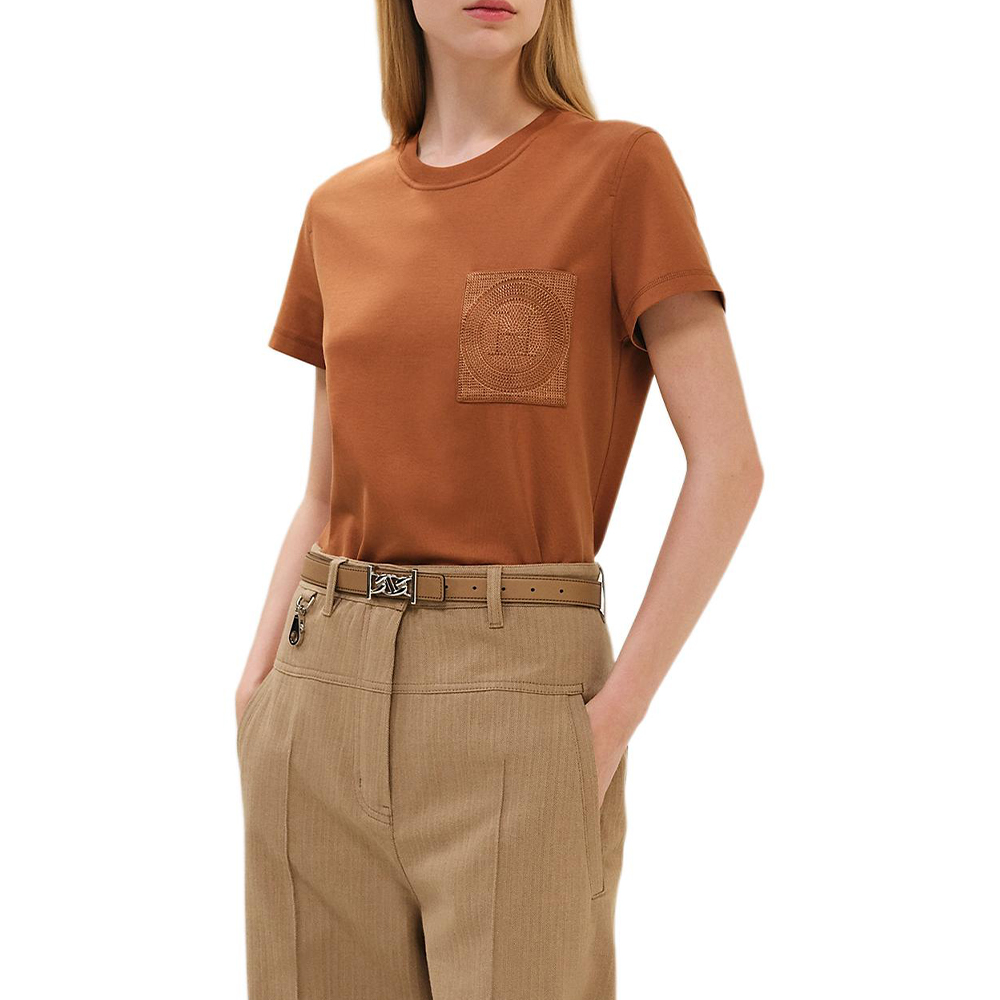 Order (W) HERMES SS25 Musim Semi Musim Panas Kaos Crewneck Coklat Katun. H4H4615DA1W