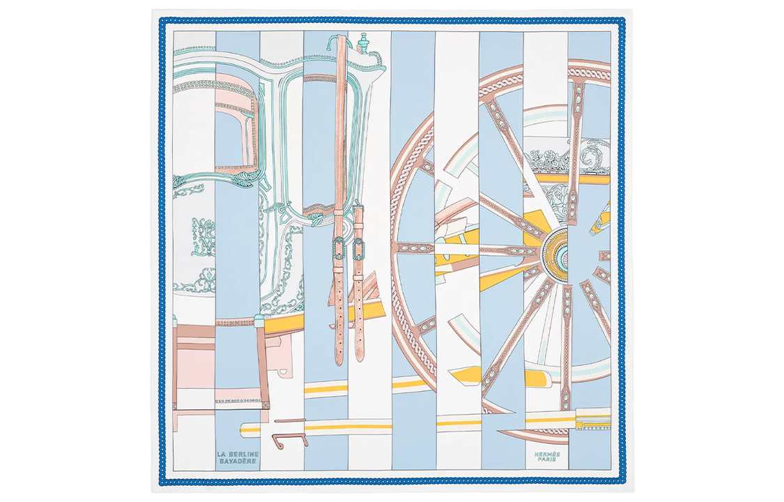 (Women) HERMES Striped Berlin Carriage 90x90 Silk Scarf Women Sky Blue. H003864S-16 圖 2