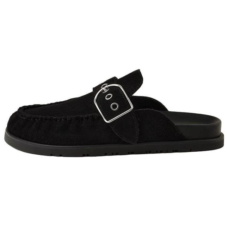 (Women) HERMES Suede Calfskin Round-Toe Slip-On Mules 1.3cm Black Shoes H251182Z 02