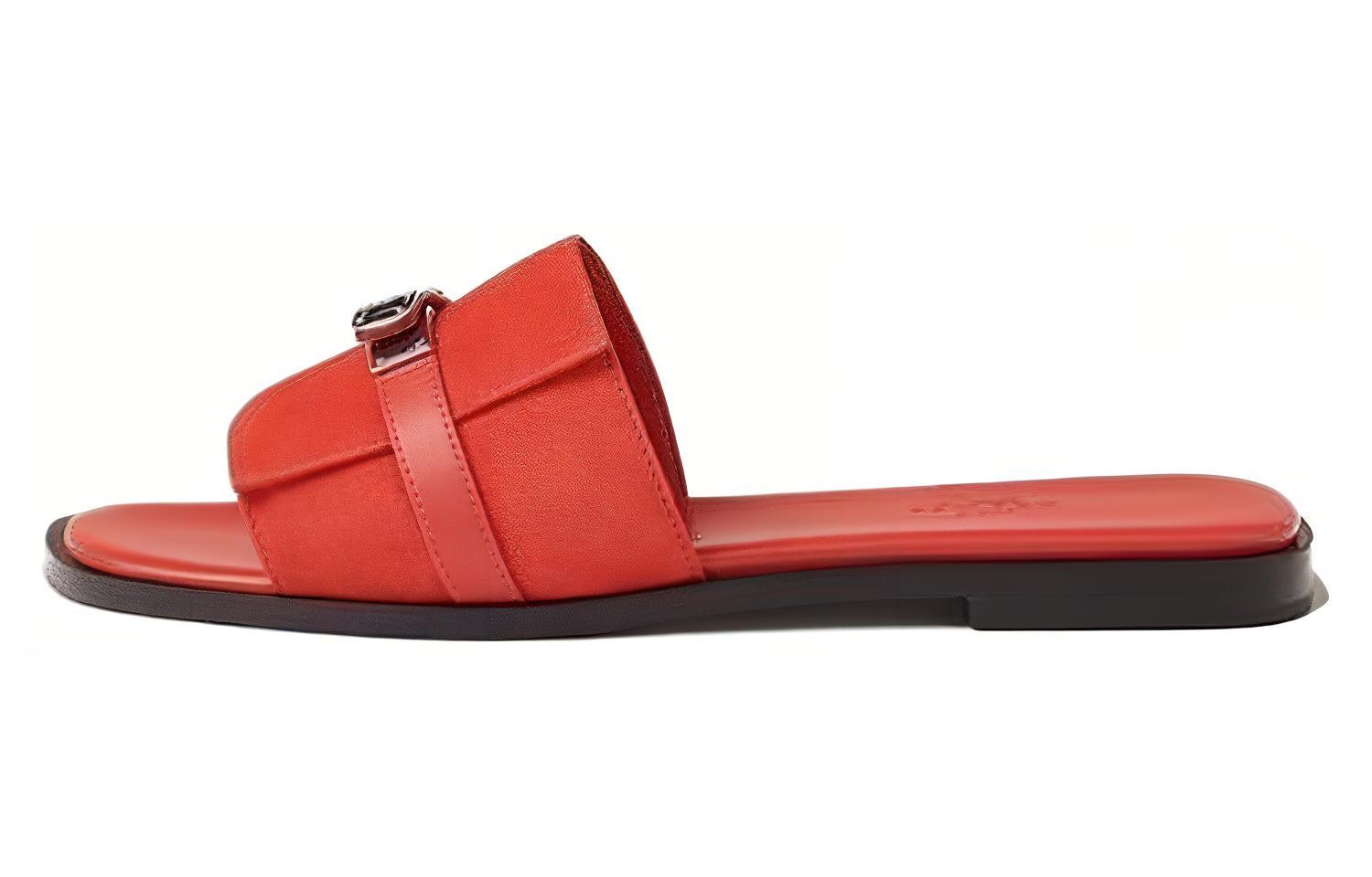 (W) HERMES Suede Flat Peep-toe Slide Sandals 'Red'