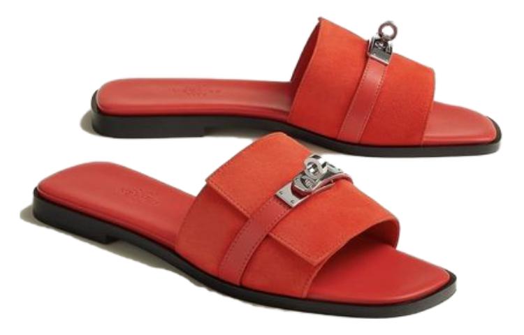 (W) HERMES Suede Flat Peep-toe Slide Sandals 'Red' 圖 2