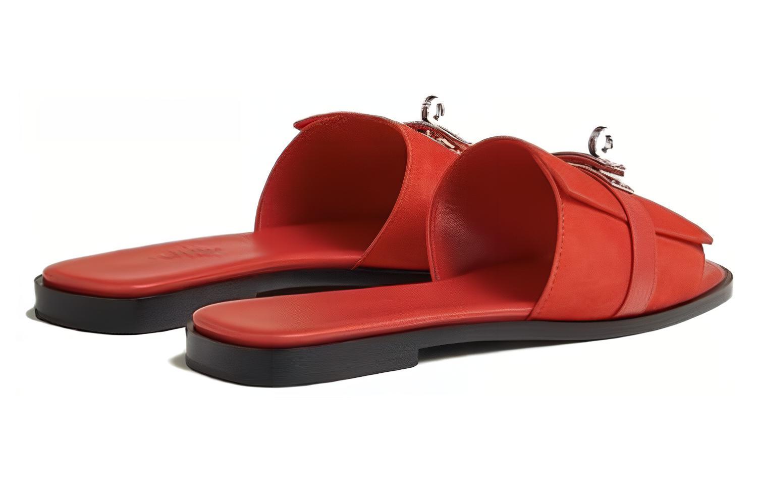 (W) HERMES Suede Flat Peep-toe Slide Sandals 'Red' 圖 3